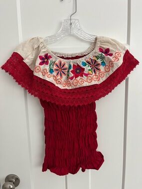Handmade Embroidered Peasant Blouse Red Smocked Boho Folk Top Floral Art Like Sm